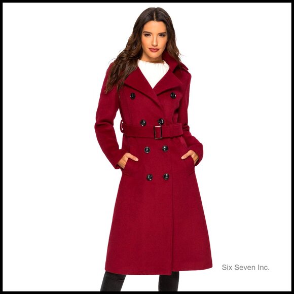 Wool Pea Coat Double Breasted Trench Belted Classic Elegant Winter Outerwear